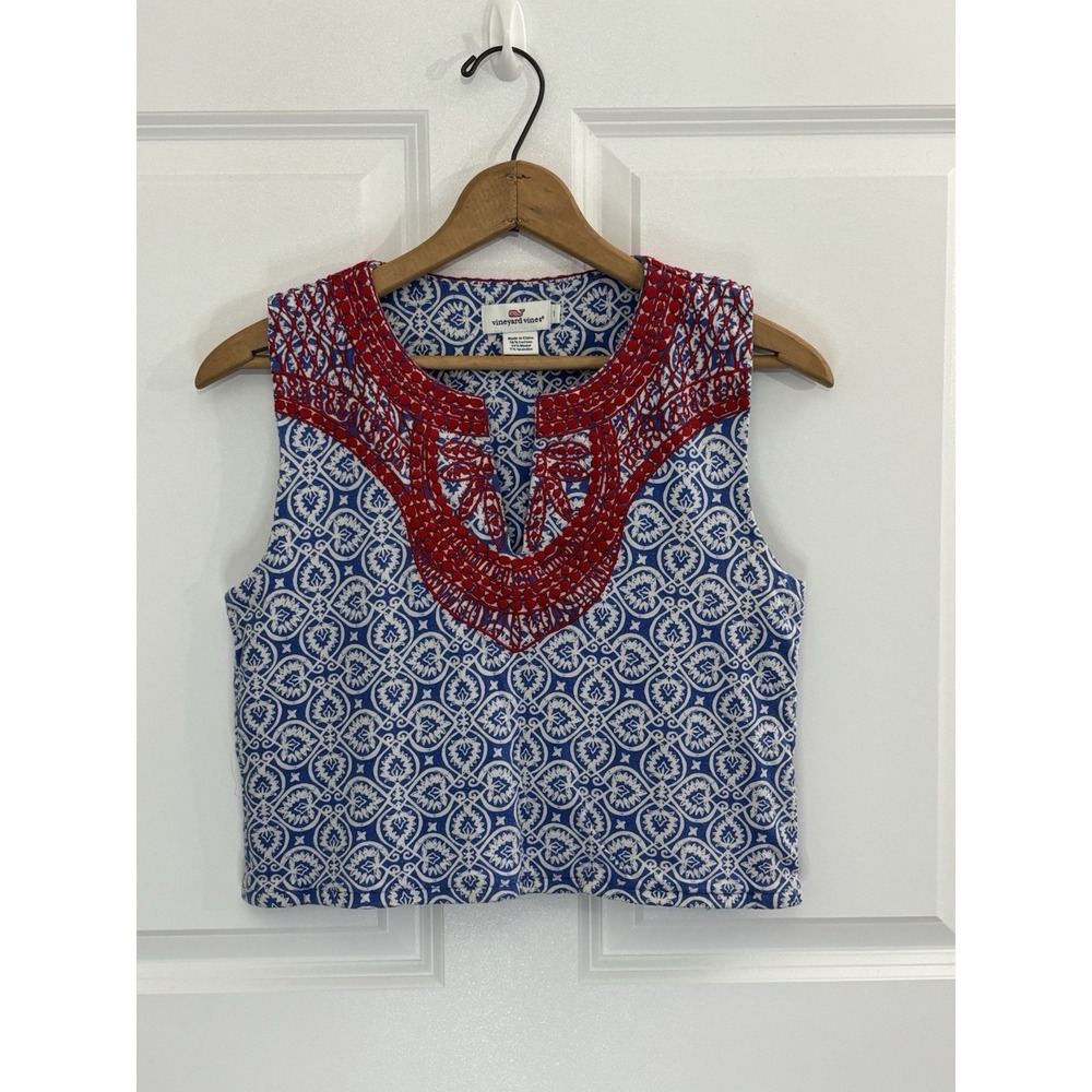 Vinyard Vines Women's Sleveless Cropped Embroidered Top Blue‎ Red Print S 0442